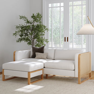 Rattan 2-Seater Loveseat with Ottoman Set Wood Frame Bisque