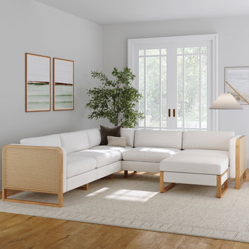 Rattan 5-Seat Sectional with Ottoman Set Wood Frame Bisque