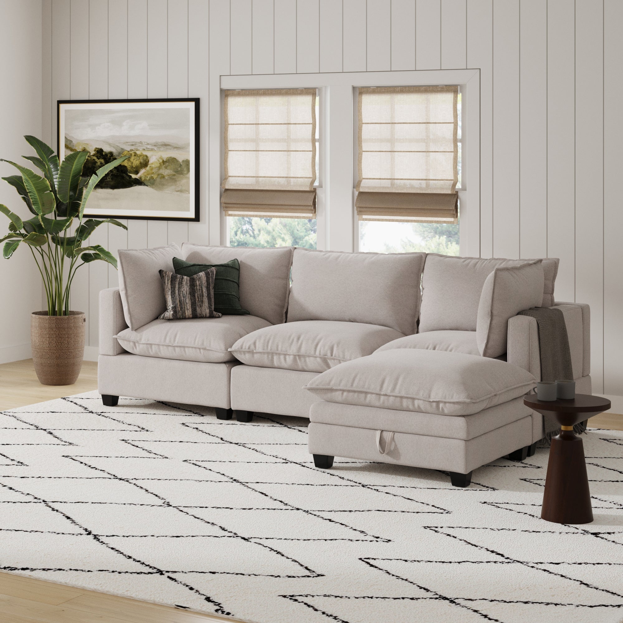 Soft Fabric 3-Seat Cloud Sofa Couch & Storage Ottoman Gray
