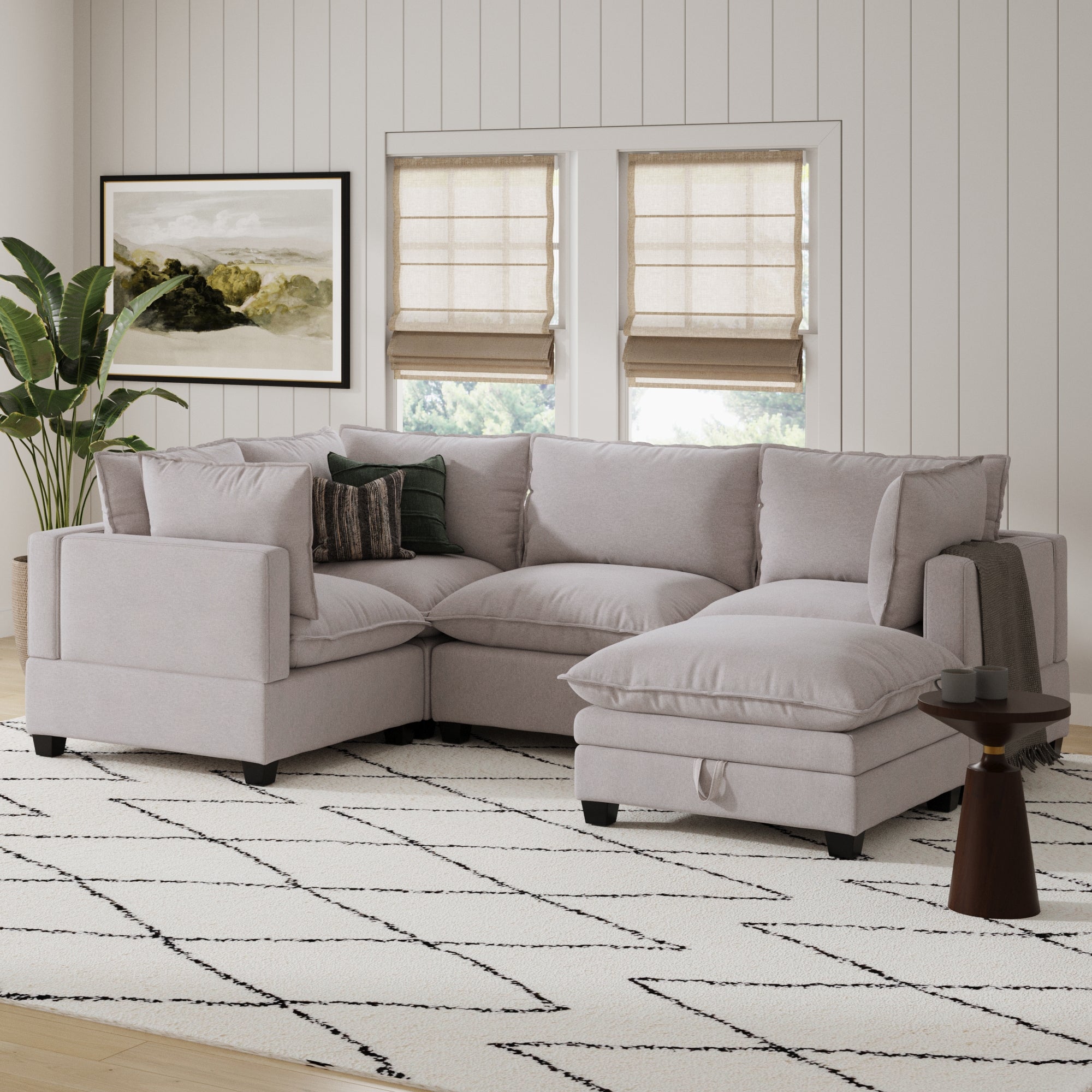 Soft Fabric 4-Seat Sectional Cloud Sofa Couch & Storage Ottoman Gray