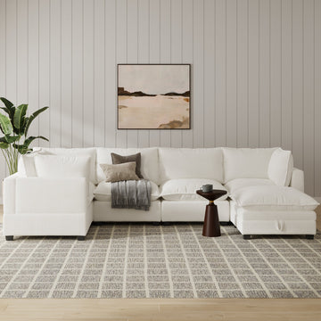 Corduroy 5-Seat Sectional Cloud Sofa Couch & Storage Ottoman Pearl White