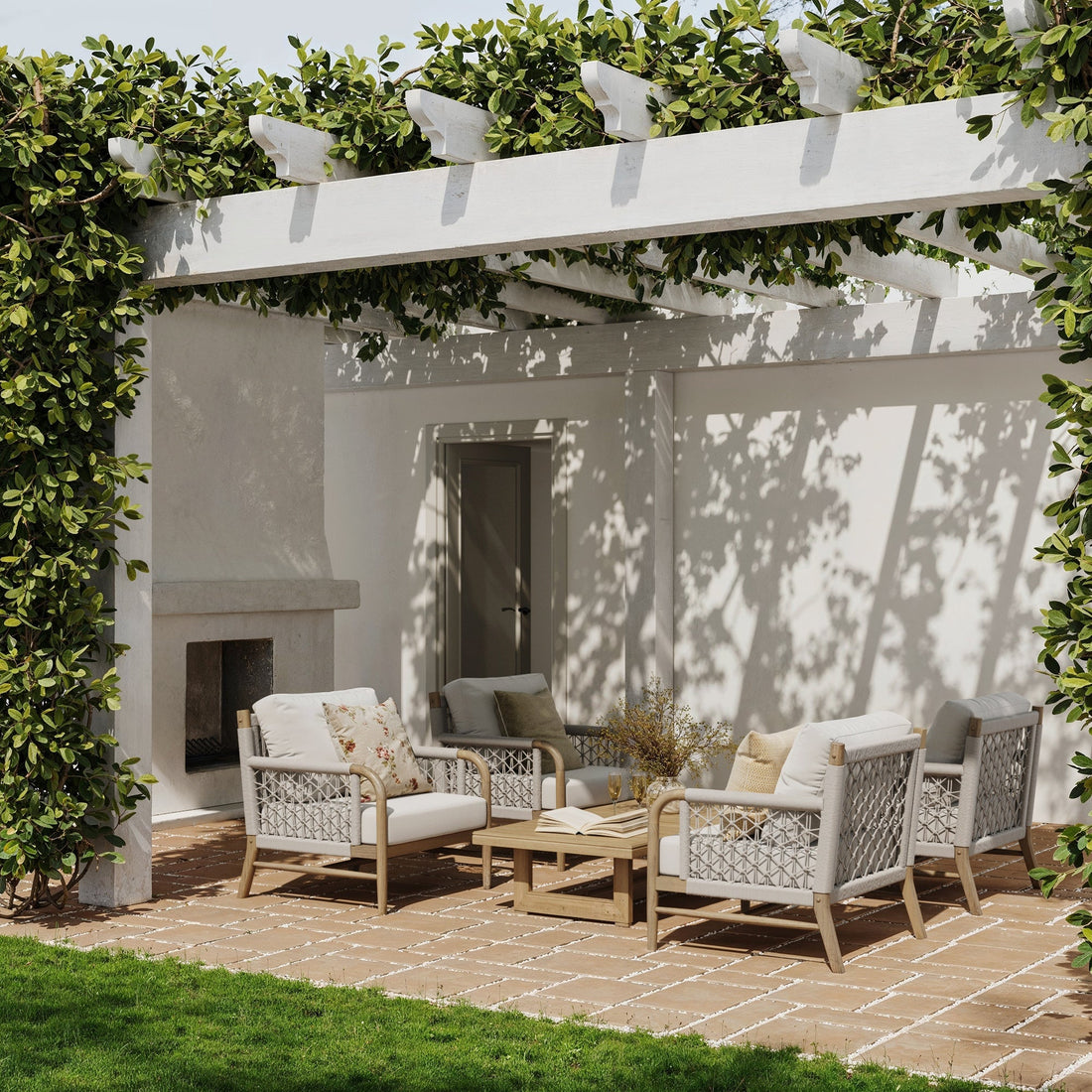 Outdoor Patio Wood Rope Arm Chairs Gray Oak (Set of 4)
