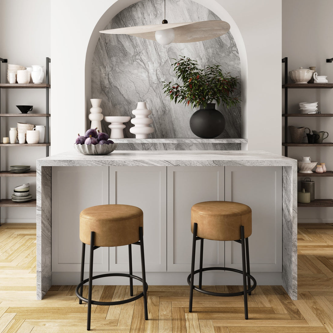 Round Faux Leather Backless Counter Height Bar Stools Brown (Set of 2)