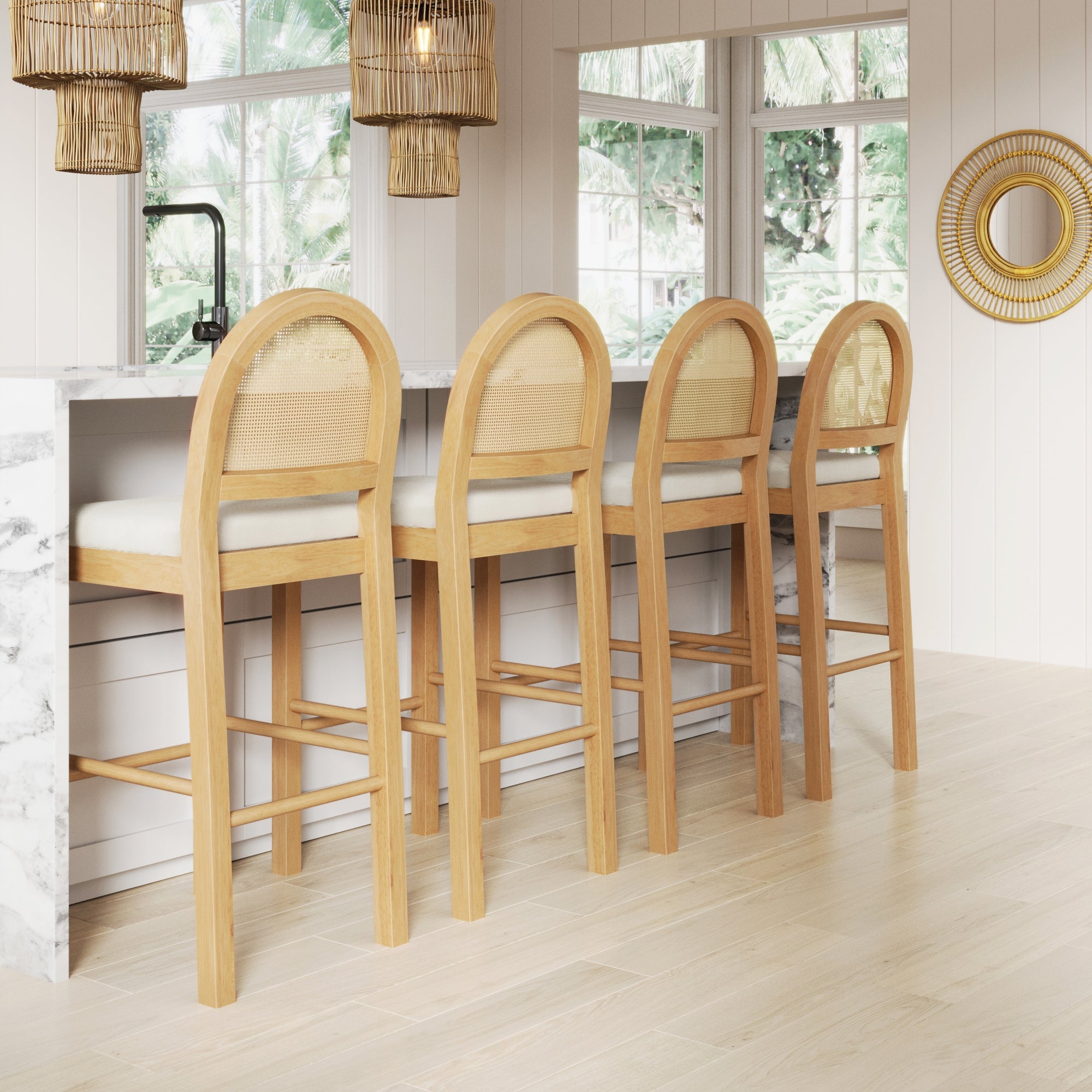 Boucle & Rattan Bar Stools Warm Pine (Set of 4)
