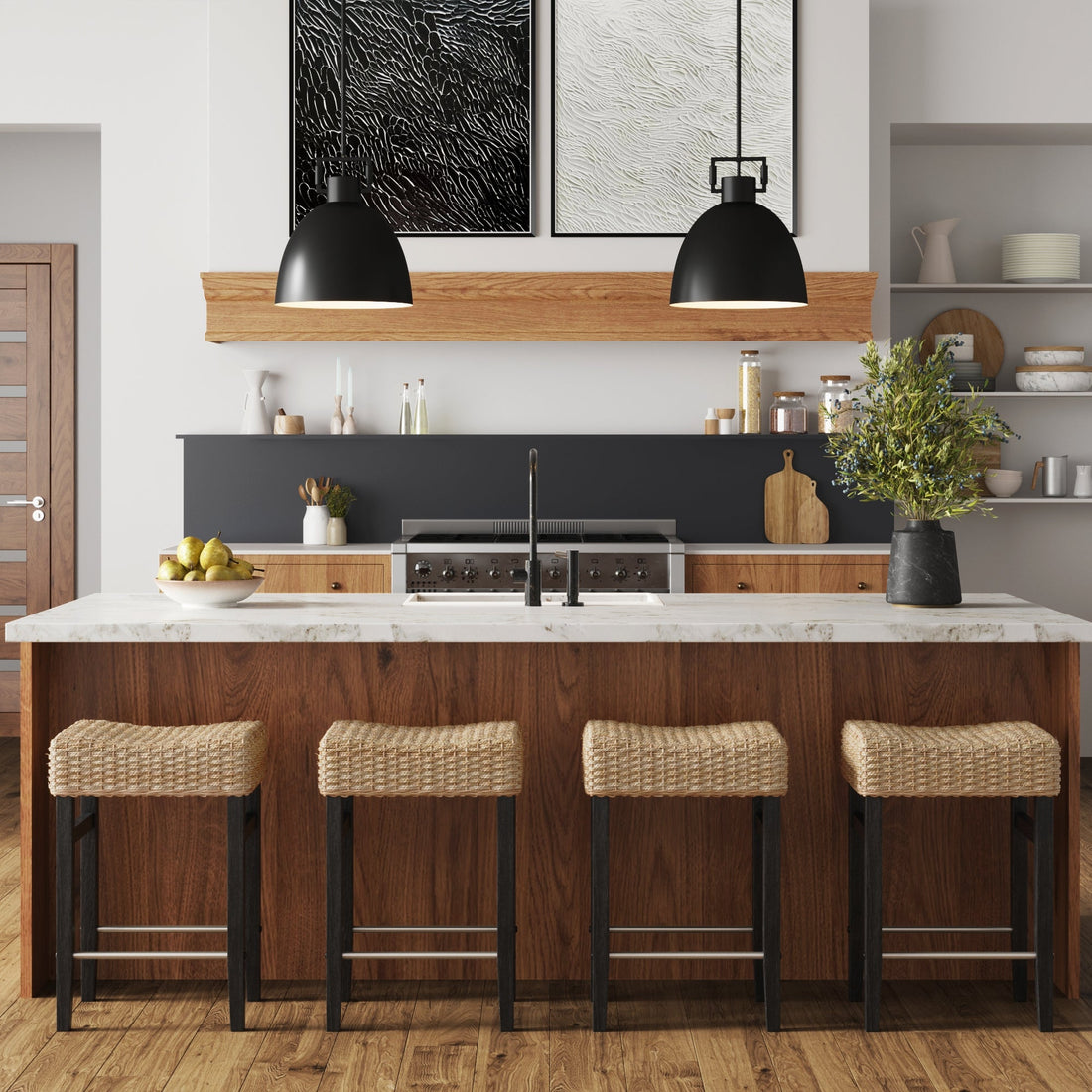 Woven Seagrass Counter Height Bar Stool Black