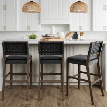 Faux Leather Woven Bar Stools Black (Set of 3)
