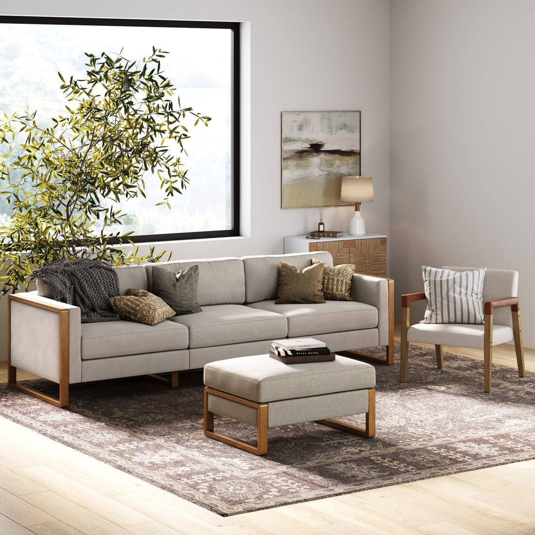 Soft Fabric 3-Seat Wood Frame Sofa Couch & Storage Ottoman Gray