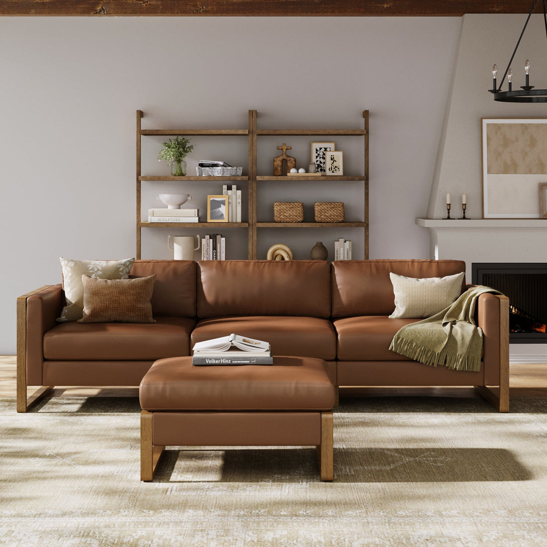 Leather 3-Seat Wood Frame Sofa Couch & Storage Ottoman Camel