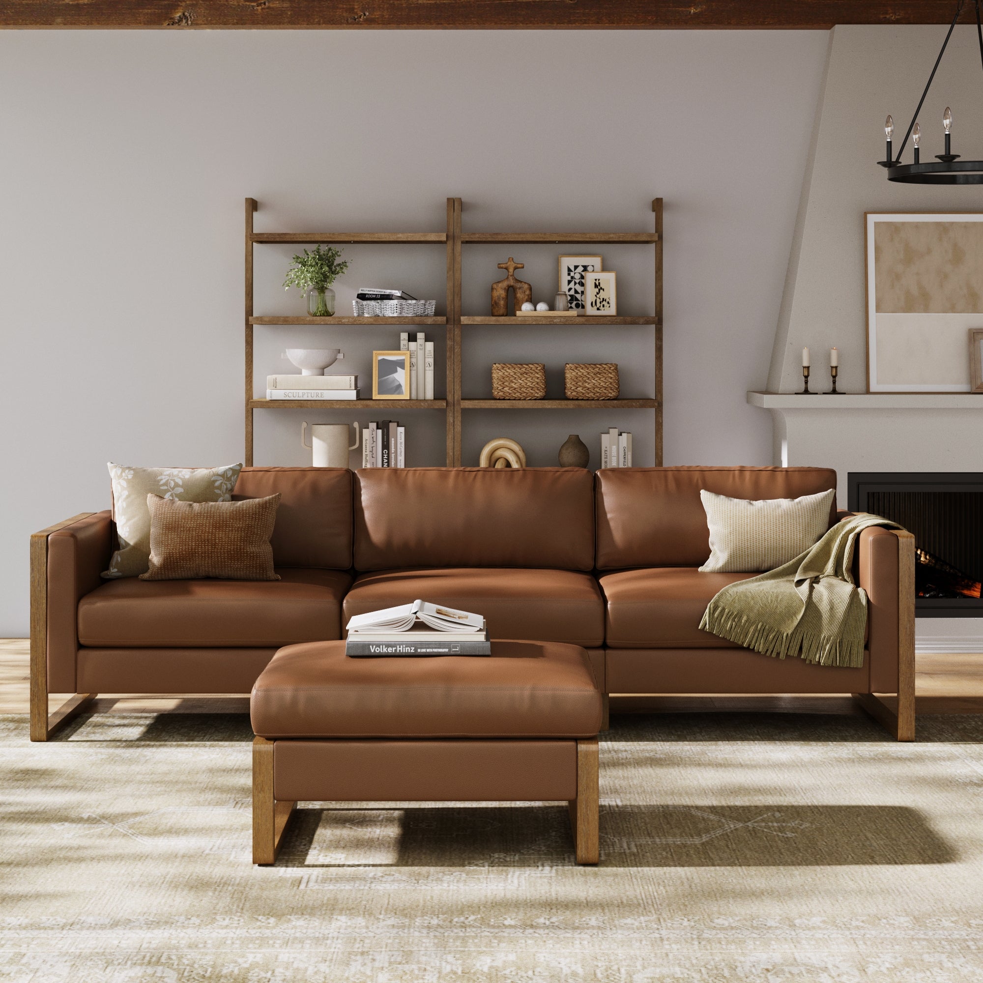 Leather 3-Seat Wood Frame Sofa Couch & Storage Ottoman Camel