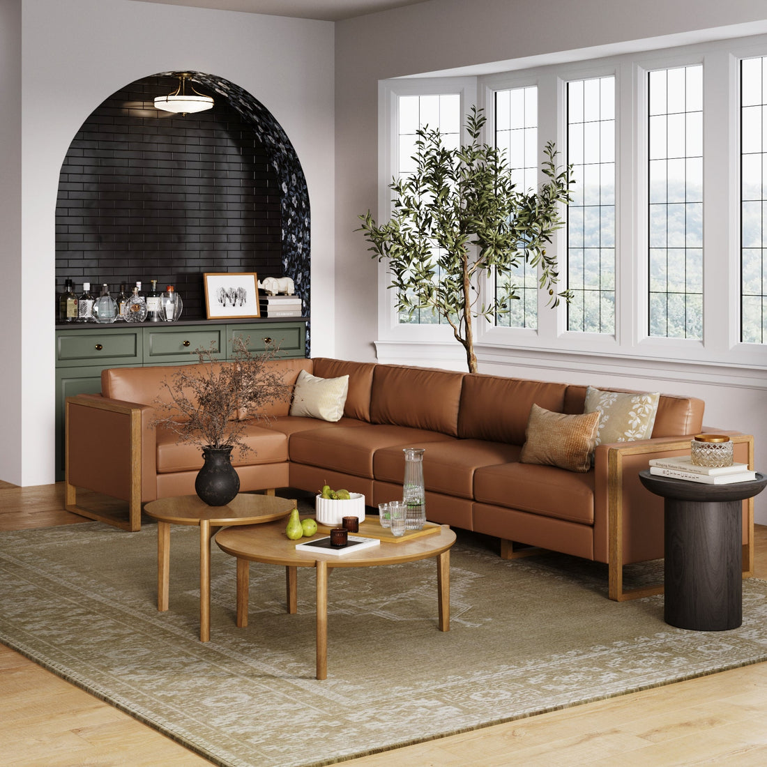Leather 5-Seat Wood Frame Sectional Sofa Couch Camel
