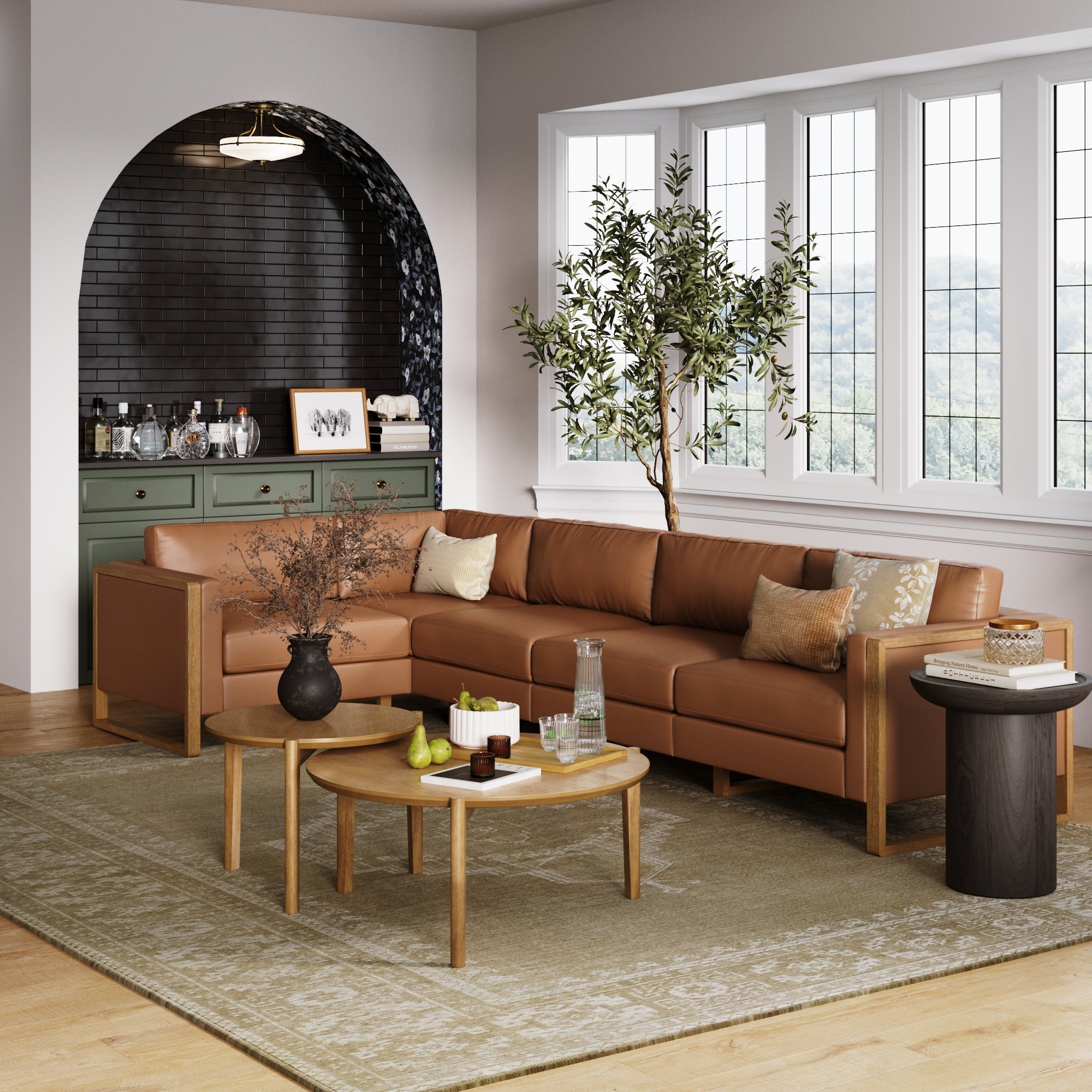 Leather 5-Seat Wood Frame Sectional Sofa Couch Camel