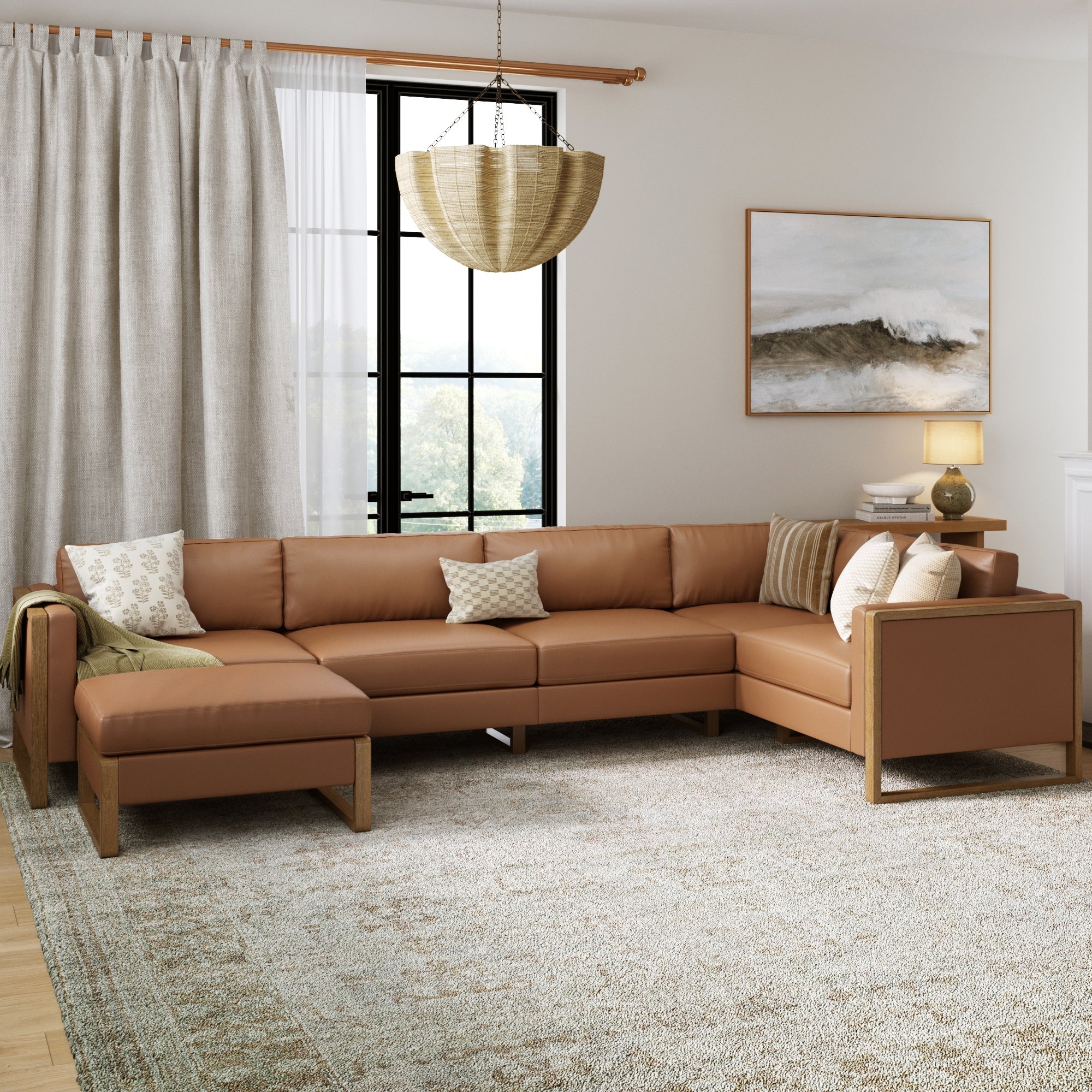Leather 5-Seat Sectional Wood Frame Sofa Couch & Storage Ottoman Camel