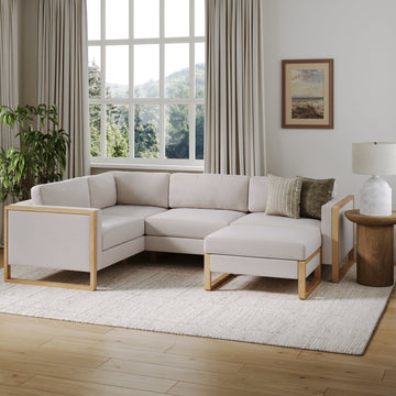 Soft Fabric 4-Seat Wood Frame Sectional Sofa Couch & Storage Ottoman Bisque