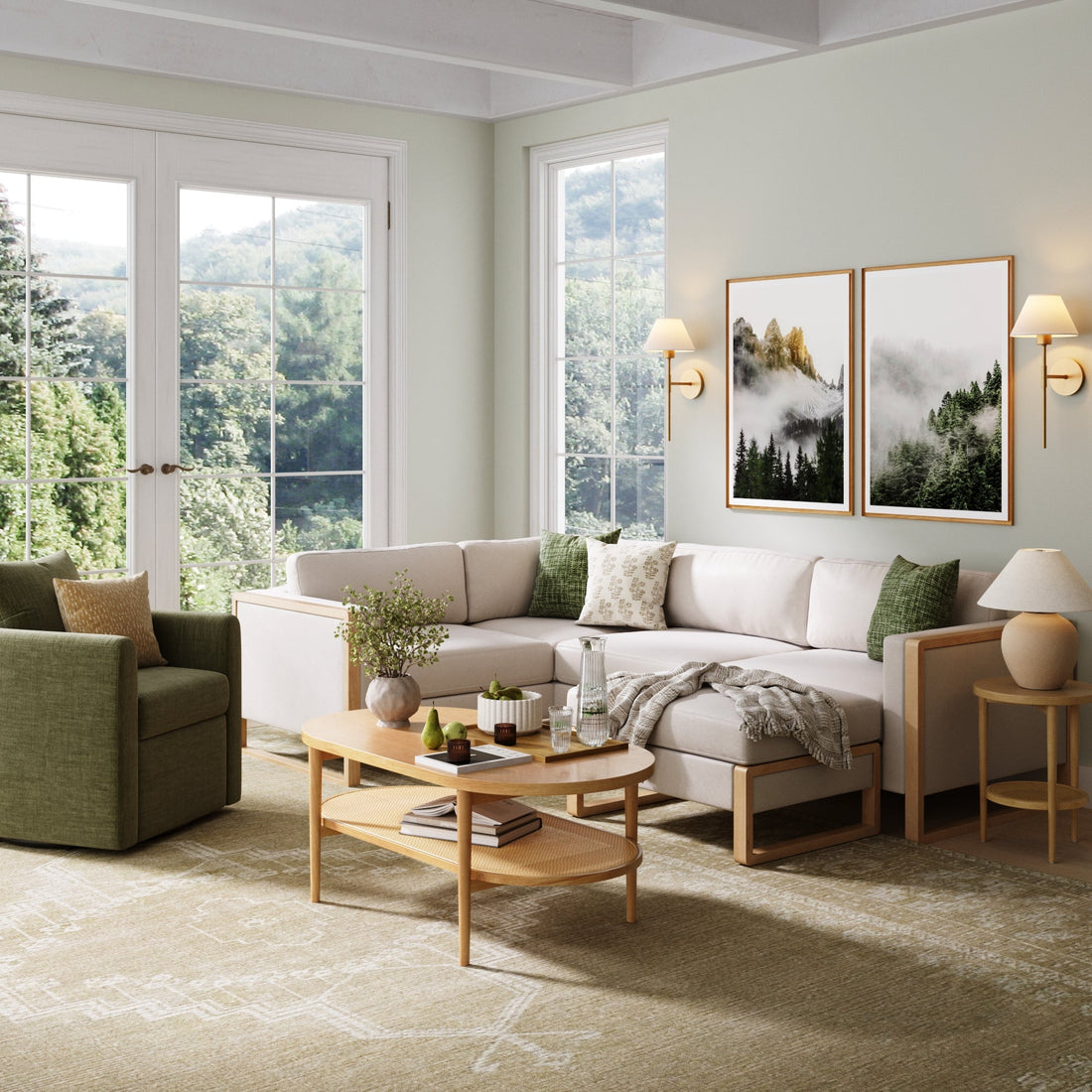 Soft Fabric 4-Seat Wood Frame Sectional Sofa Couch & Storage Ottoman Bisque