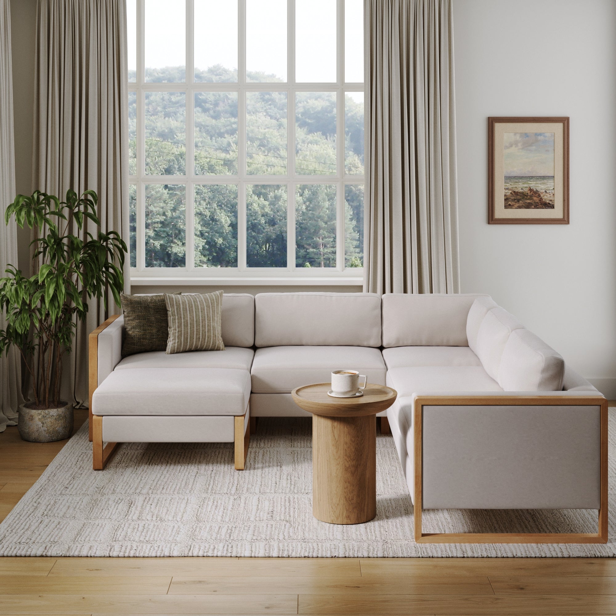 Soft Fabric 5-Seat Wood Frame Sectional Sofa Couch & Storage Ottoman Bisque