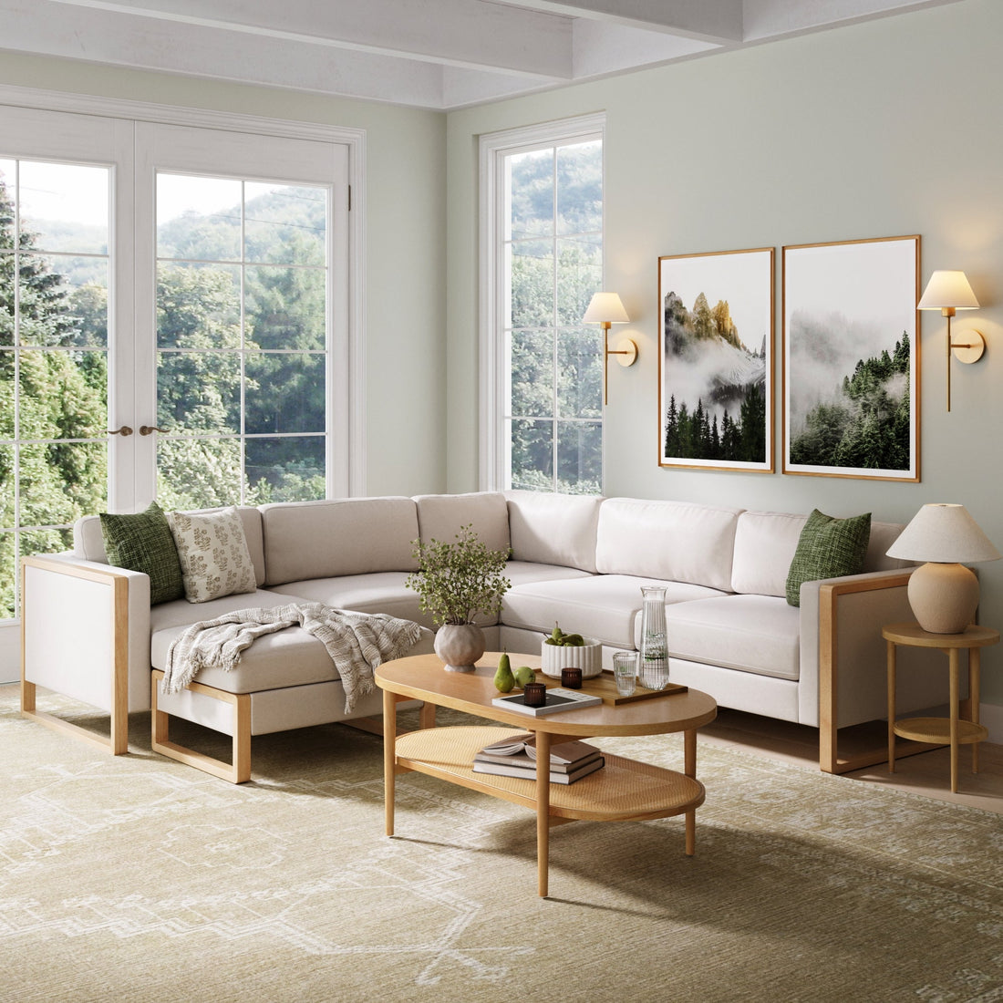 Soft Fabric 5-Seat Wood Frame Sectional Sofa Couch & Storage Ottoman Bisque