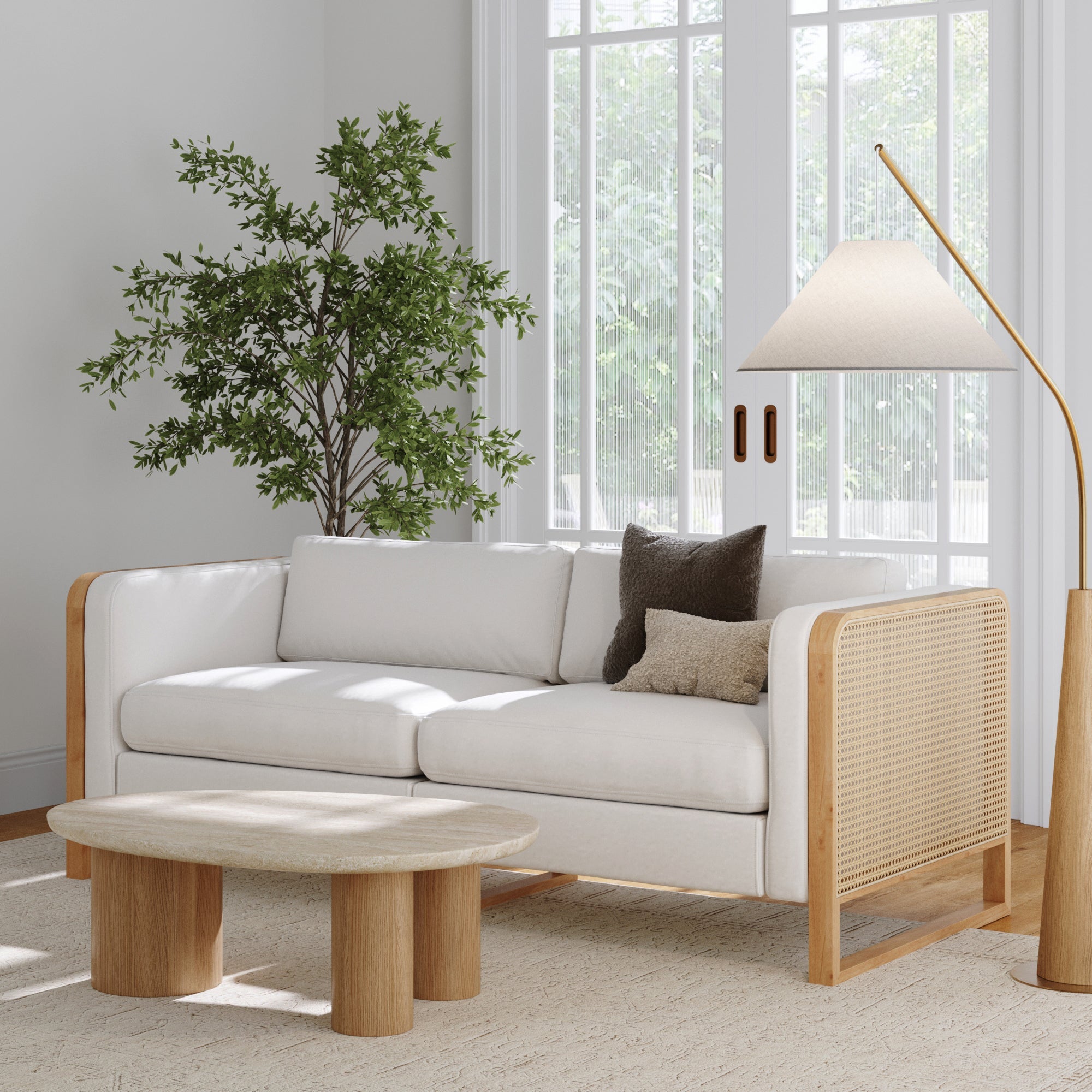 Boho 2-Seater Wood Loveseat with Rattan Arm Bisque
