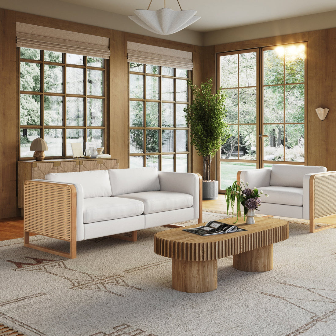 Boho 2-Seater Wood Loveseat with Rattan Arm Bisque