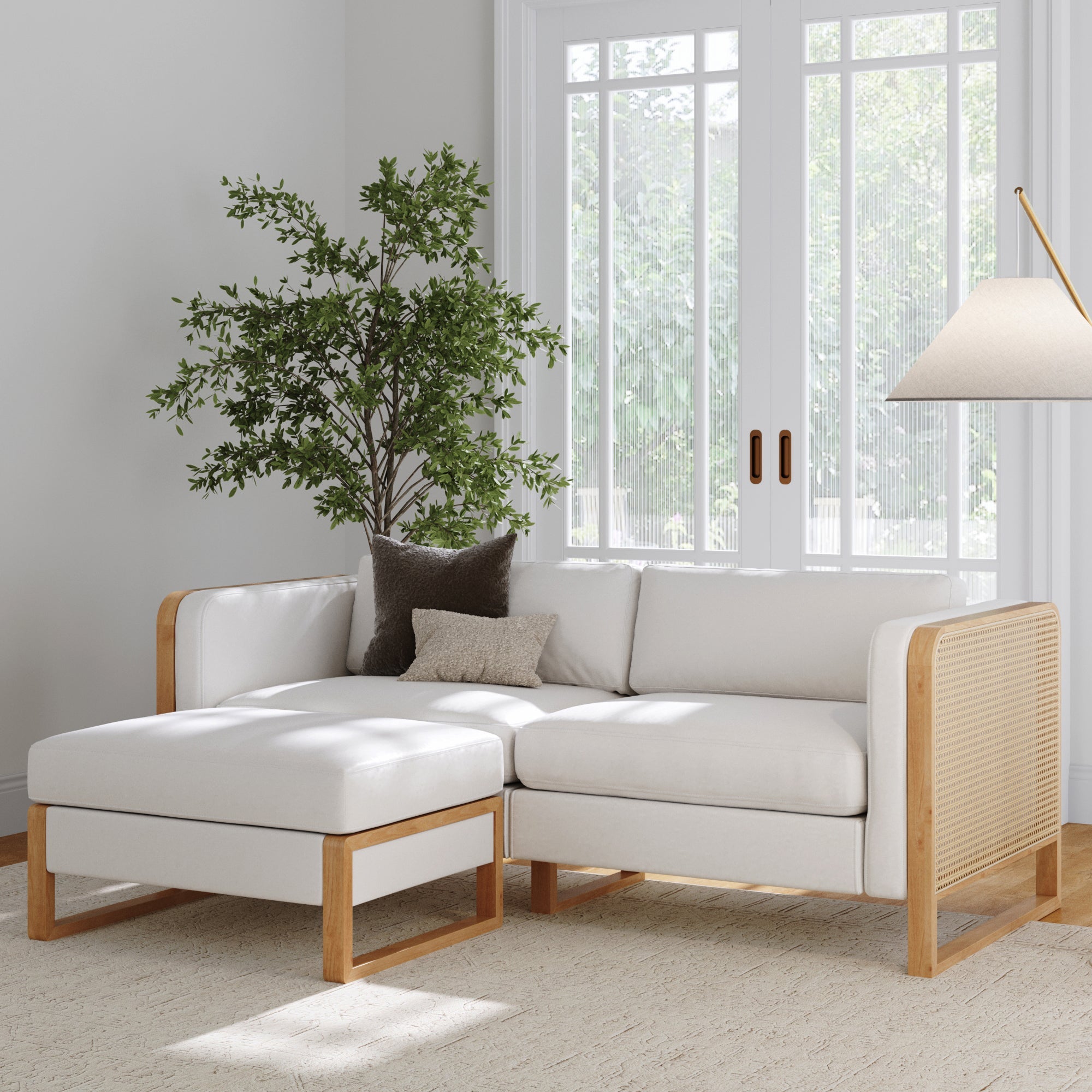 Rattan 2-Seater Loveseat with Ottoman Set Wood Frame Bisque