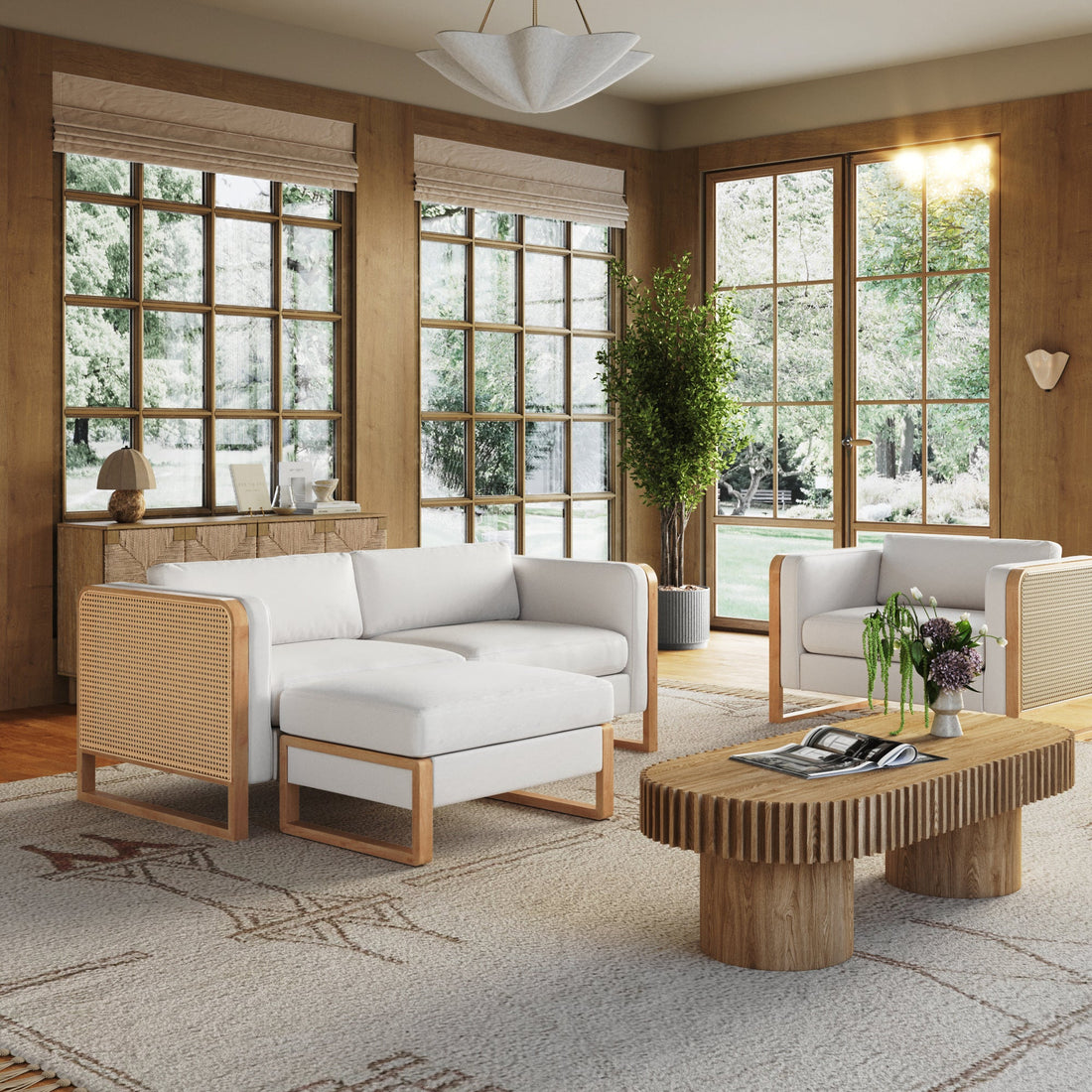 Rattan 2-Seater Loveseat with Ottoman Set Wood Frame Bisque