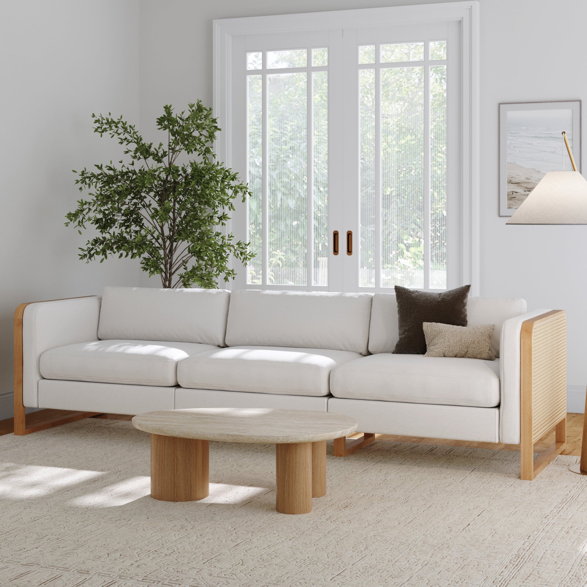 Boho 3-Seater Sofa Solid Wood Legs & Rattan Arm Bisque