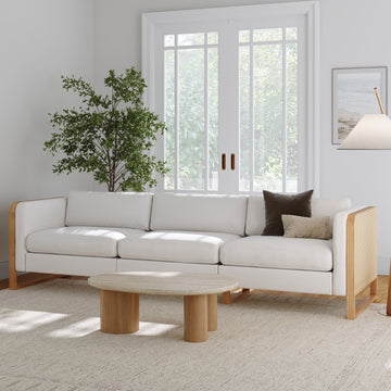 Boho 3-Seater Sofa Solid Wood Legs & Rattan Arm Bisque