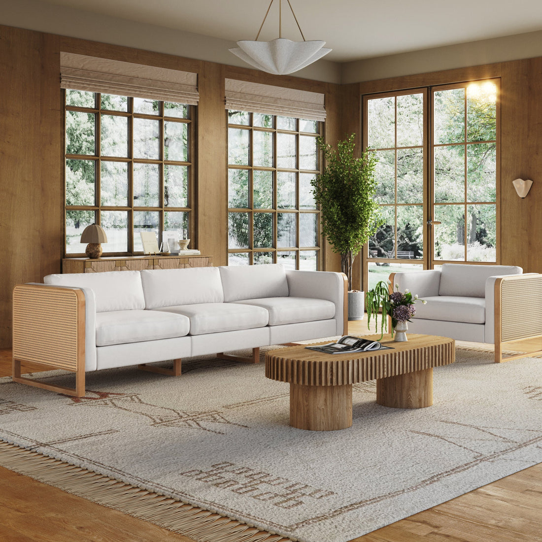 Boho 3-Seater Sofa Solid Wood Legs & Rattan Arm Bisque