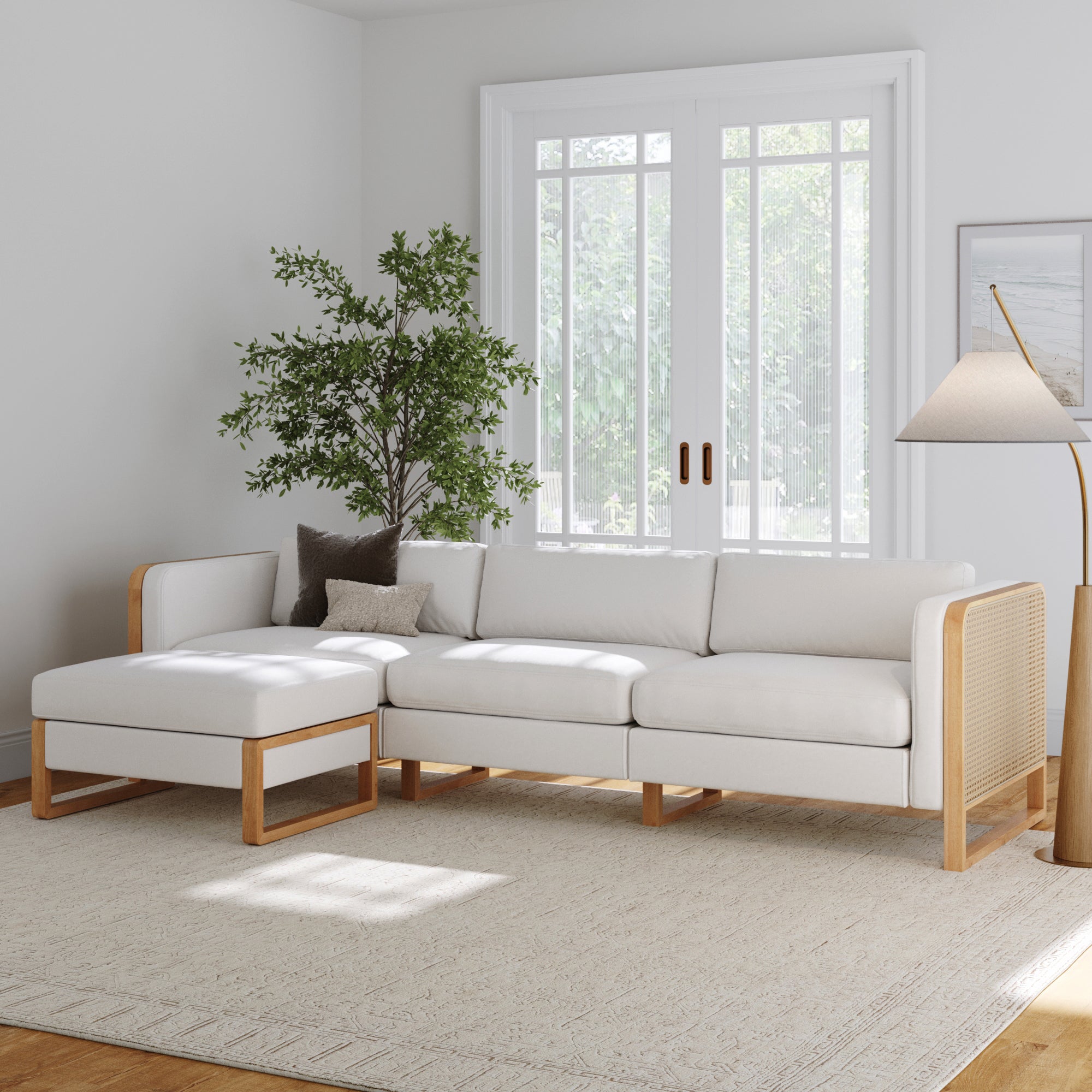 Rattan 3-Seater Sofa with Ottoman Set Wood Frame Bisque