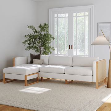 Rattan 3-Seater Sofa with Ottoman Set Wood Frame Bisque