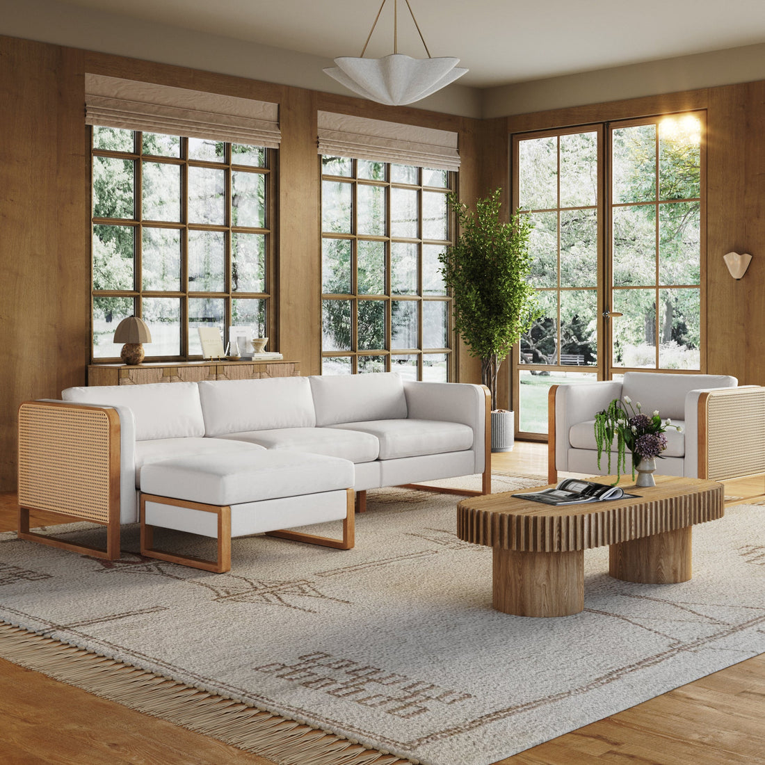 Rattan 3-Seater Sofa with Ottoman Set Wood Frame Bisque