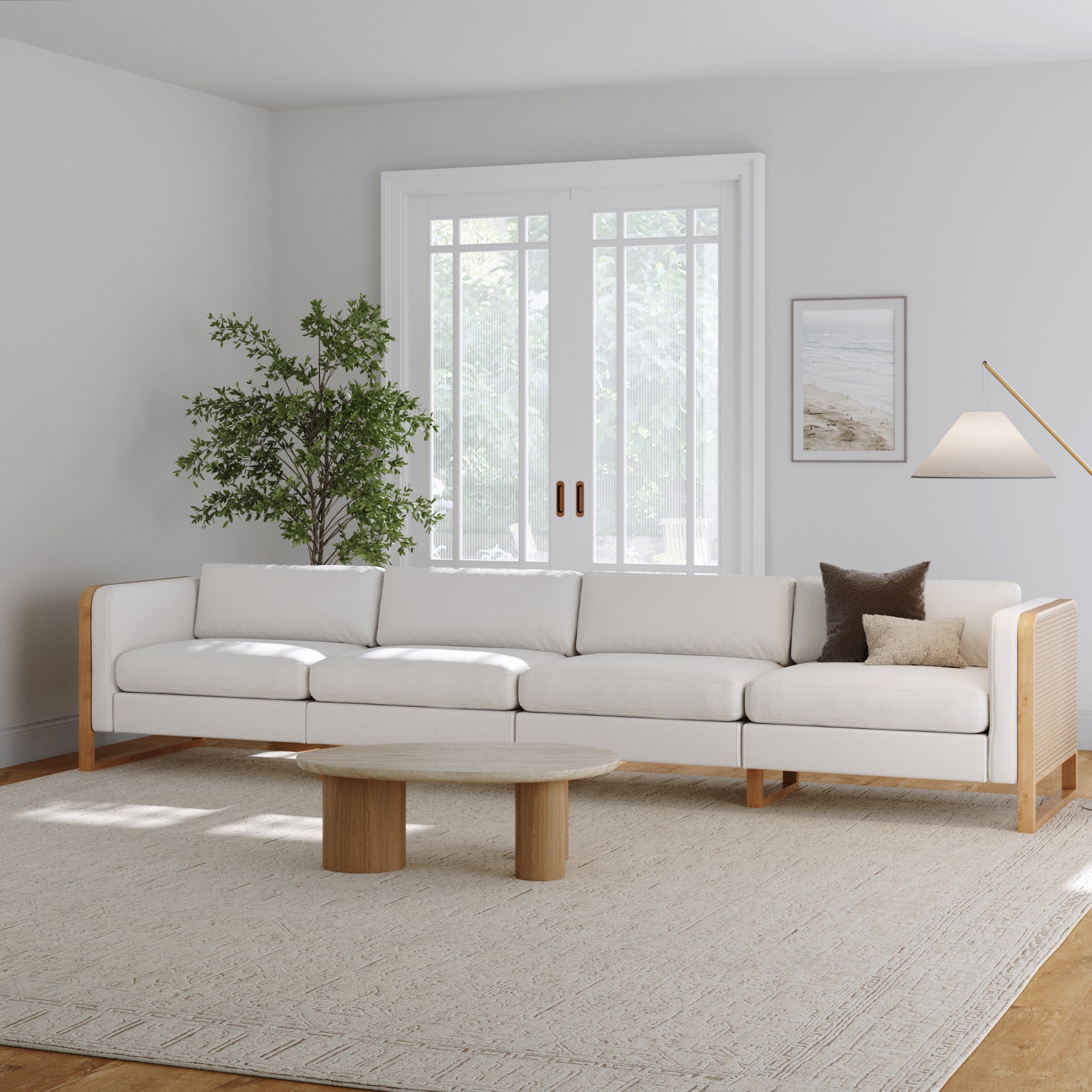 Boho 4-Seater Sofa Solid Wood Legs & Rattan Arm Bisque