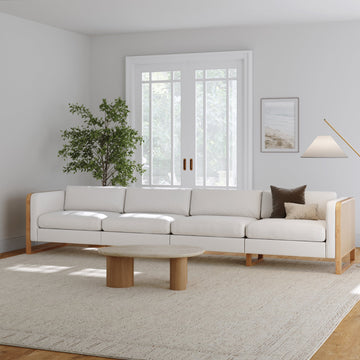 Boho 4-Seater Sofa Solid Wood Legs & Rattan Arm Bisque