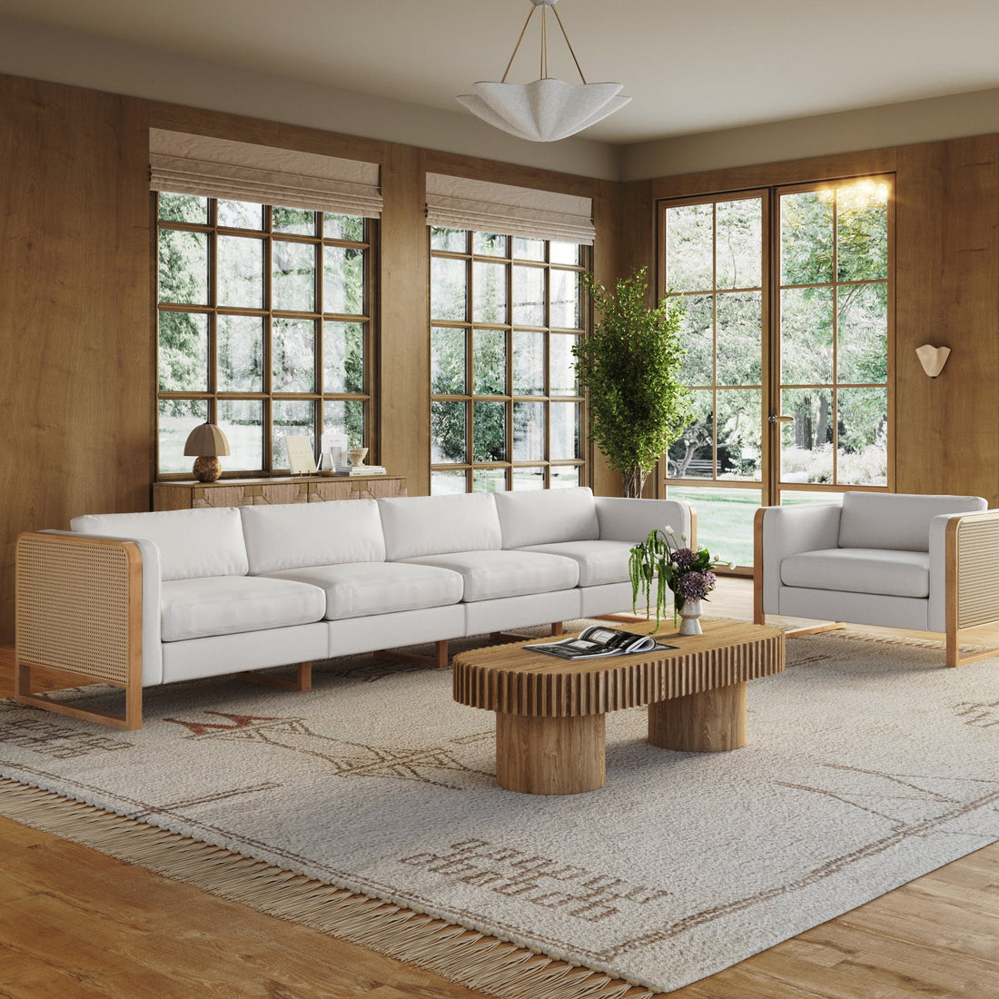 Boho 4-Seater Sofa Solid Wood Legs & Rattan Arm Bisque