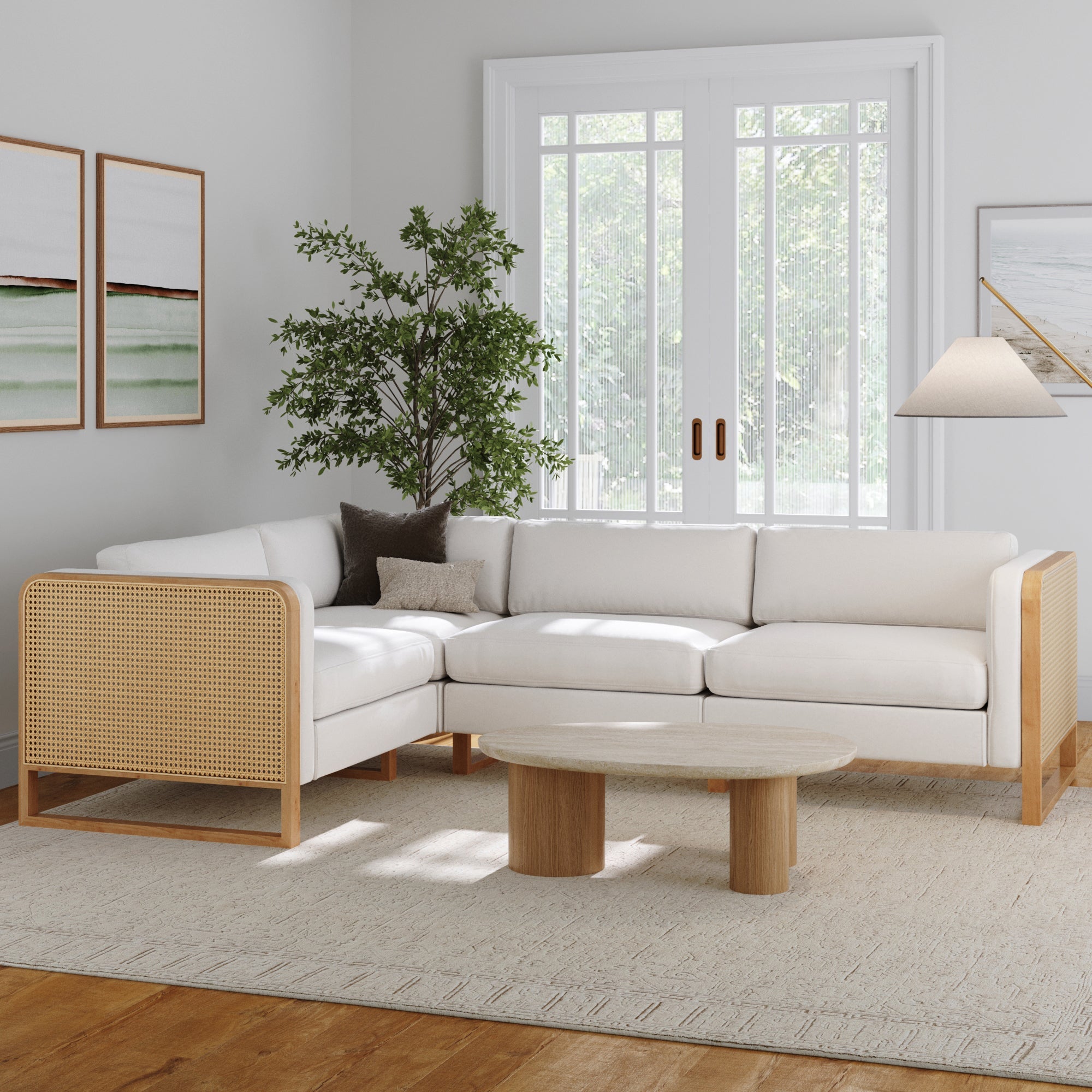 Boho 4-Seat Sectional with Wood Frame & Rattan Arm Bisque