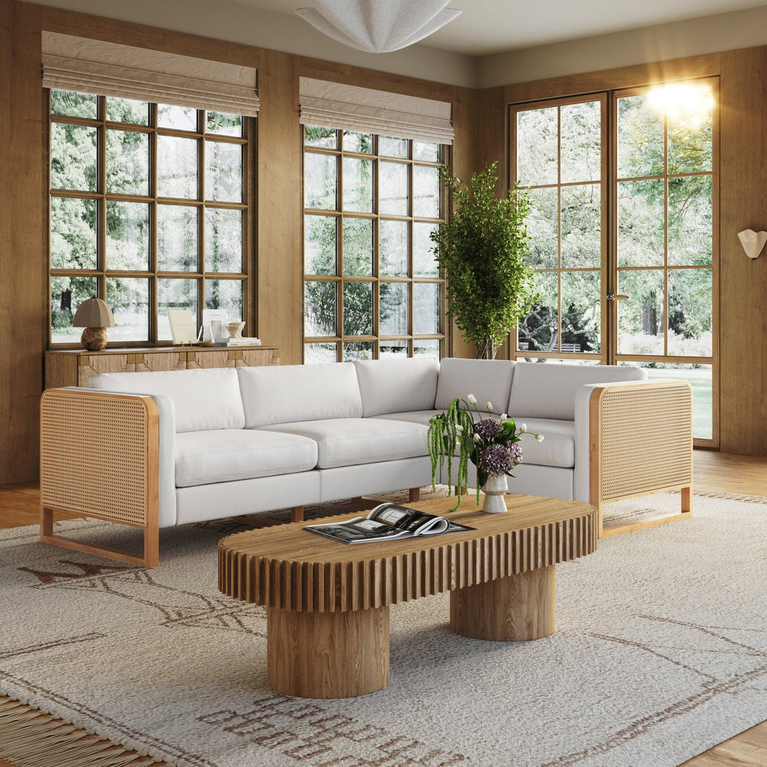Boho 4-Seat Sectional with Wood Frame & Rattan Arm Bisque