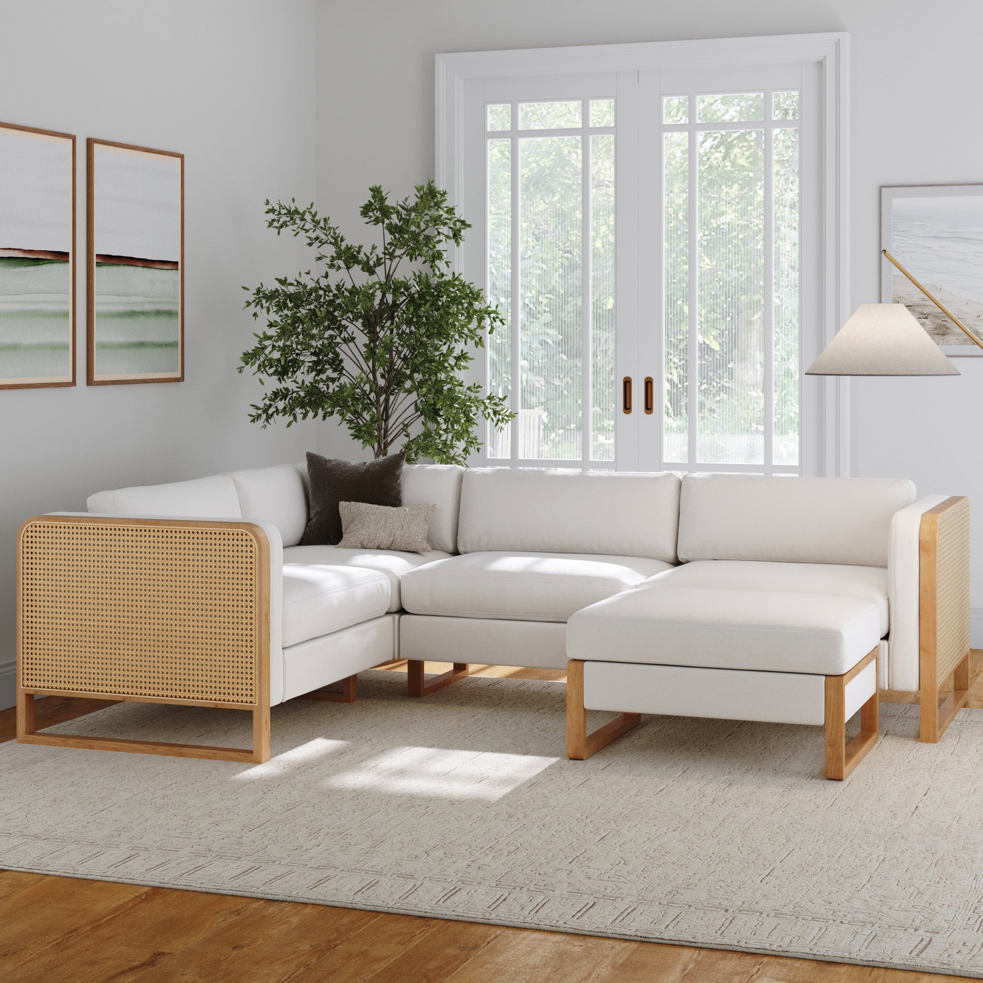 Rattan 4-Seat Sectional with Ottoman Set Wood Frame Bisque