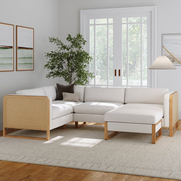 Rattan 4-Seat Sectional with Ottoman Set Wood Frame Bisque