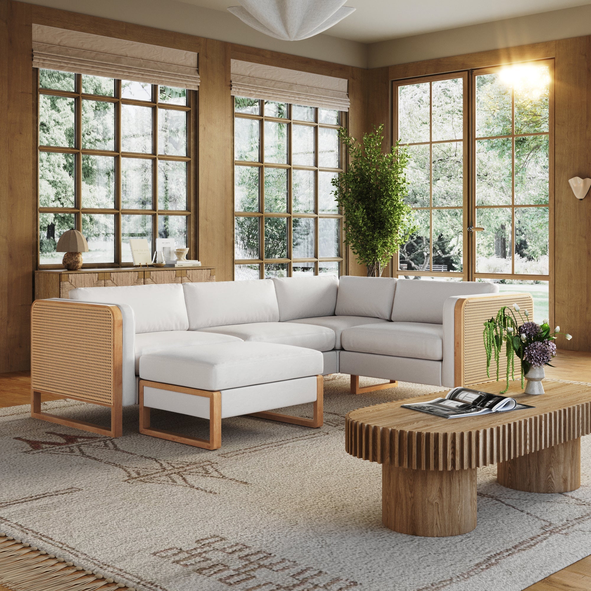 Rattan 4-Seat Sectional with Ottoman Set Wood Frame Bisque
