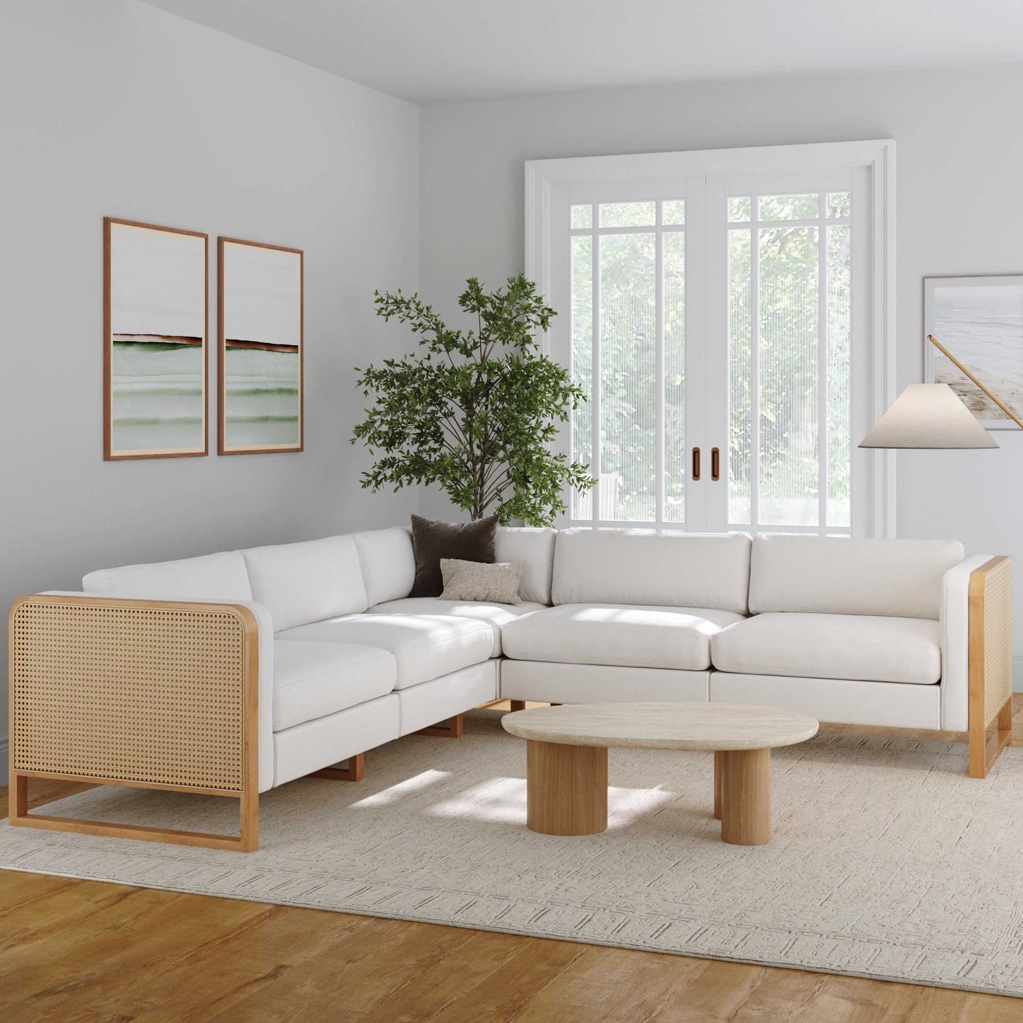 Boho 5-Seat Sectional with Wood Frame & Rattan Arm Bisque