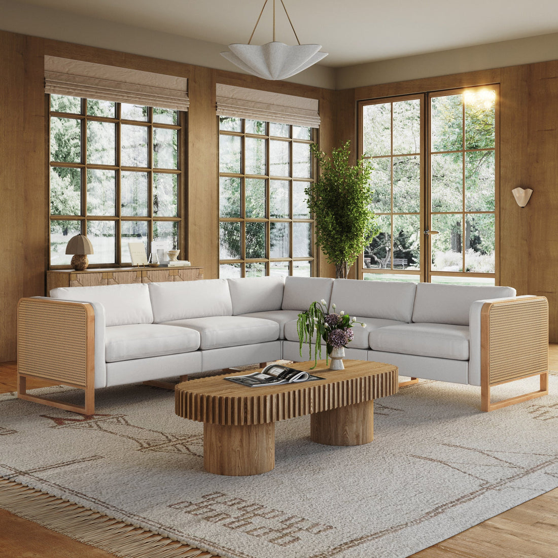 Boho 5-Seat Sectional with Wood Frame & Rattan Arm Bisque
