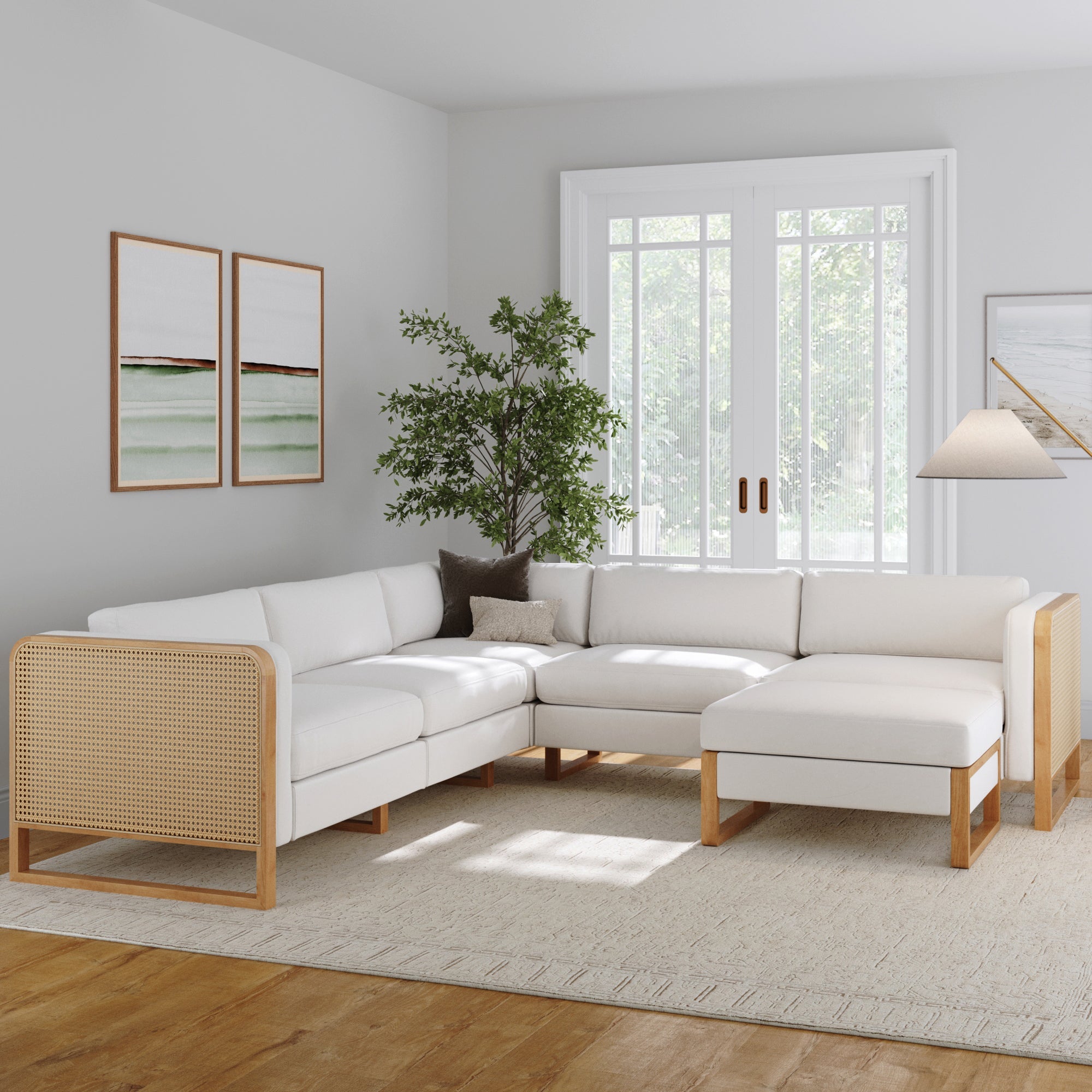 Rattan 5-Seat Sectional with Ottoman Set Wood Frame Bisque