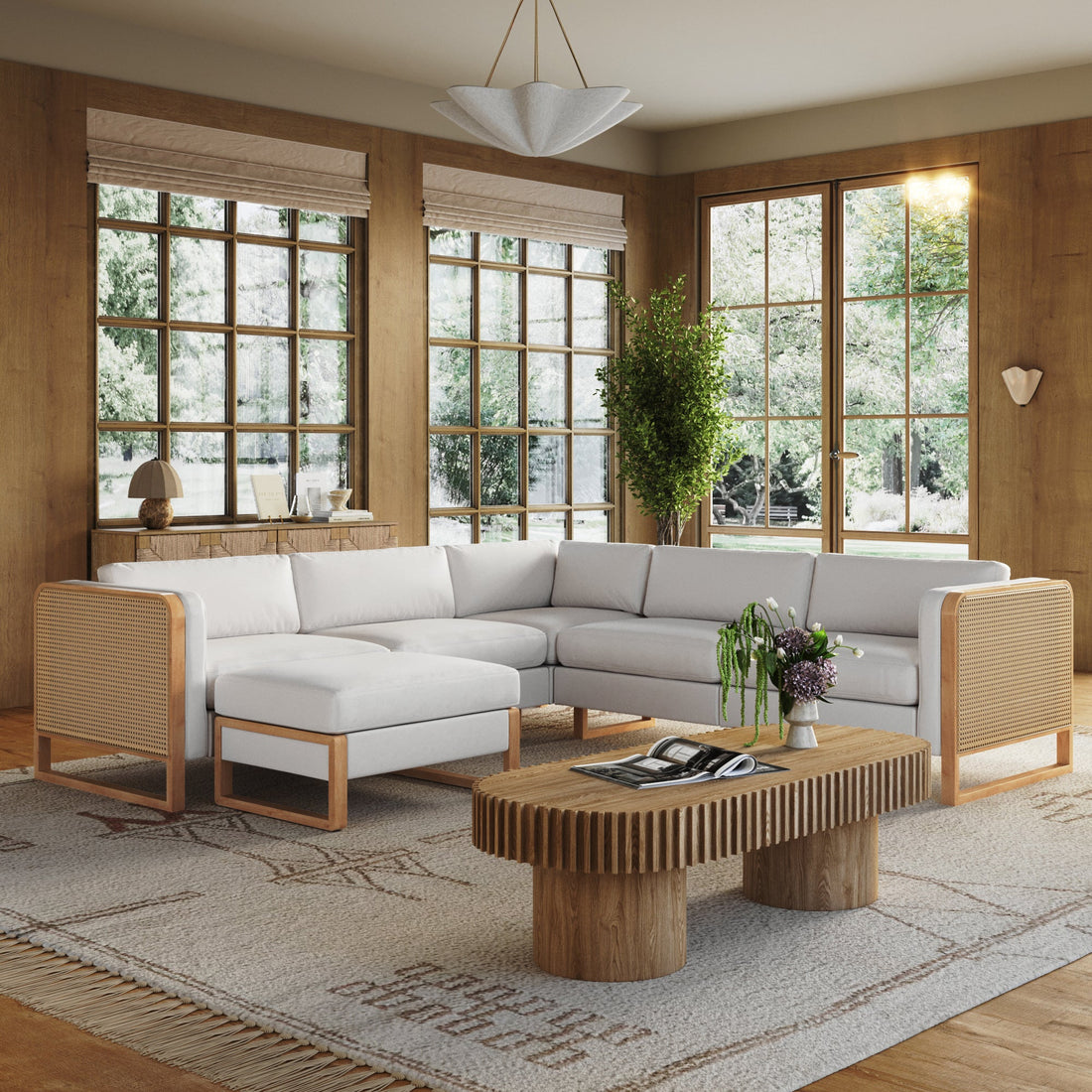 Rattan 5-Seat Sectional with Ottoman Set Wood Frame Bisque