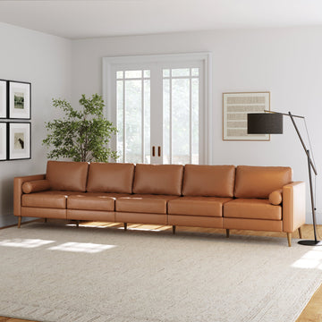 Mid-Century Tufted Leather 5-Seat Sofa Camel