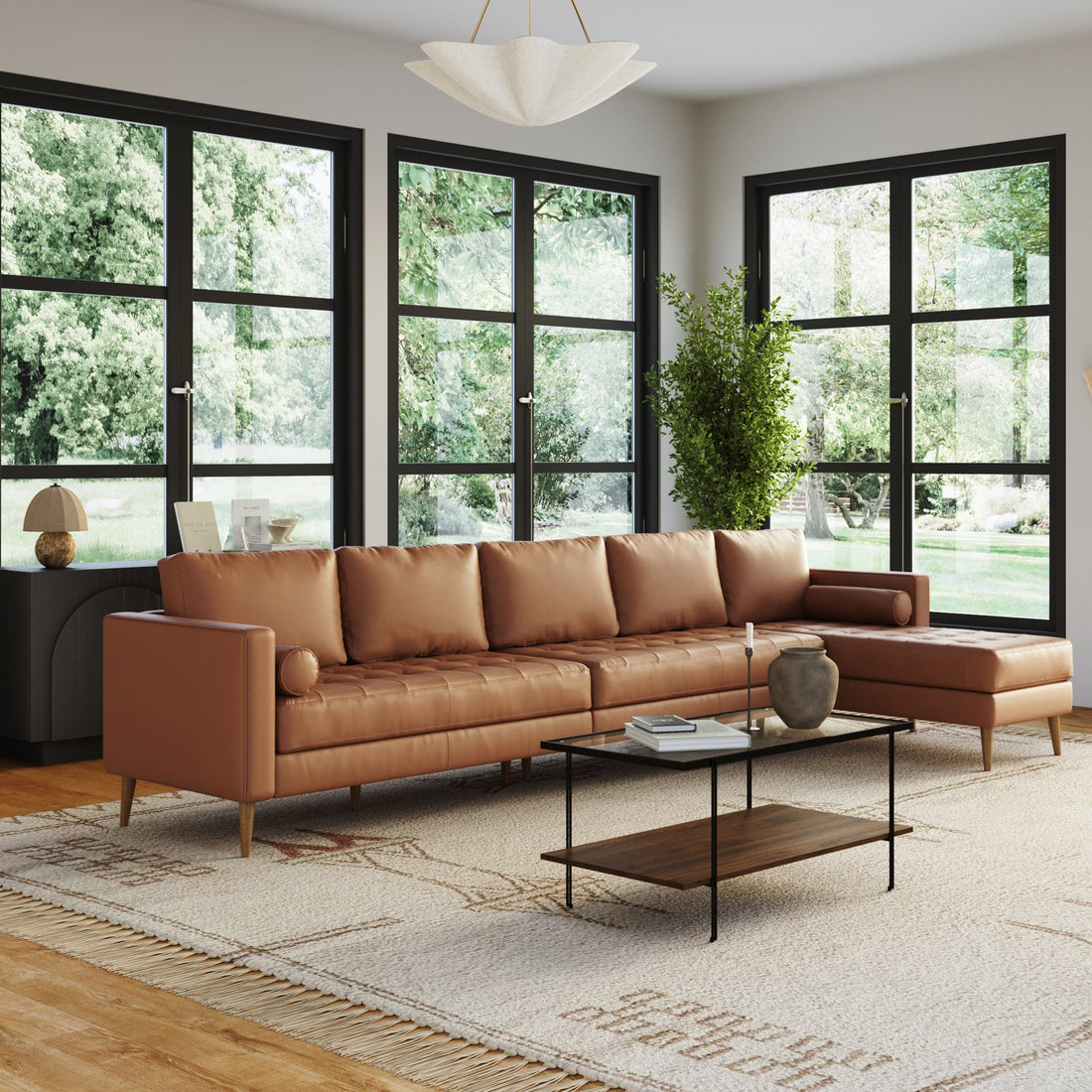 Mid-Century Tufted Leather 5-Seat Sofa with Bench Seat & Chaise Camel