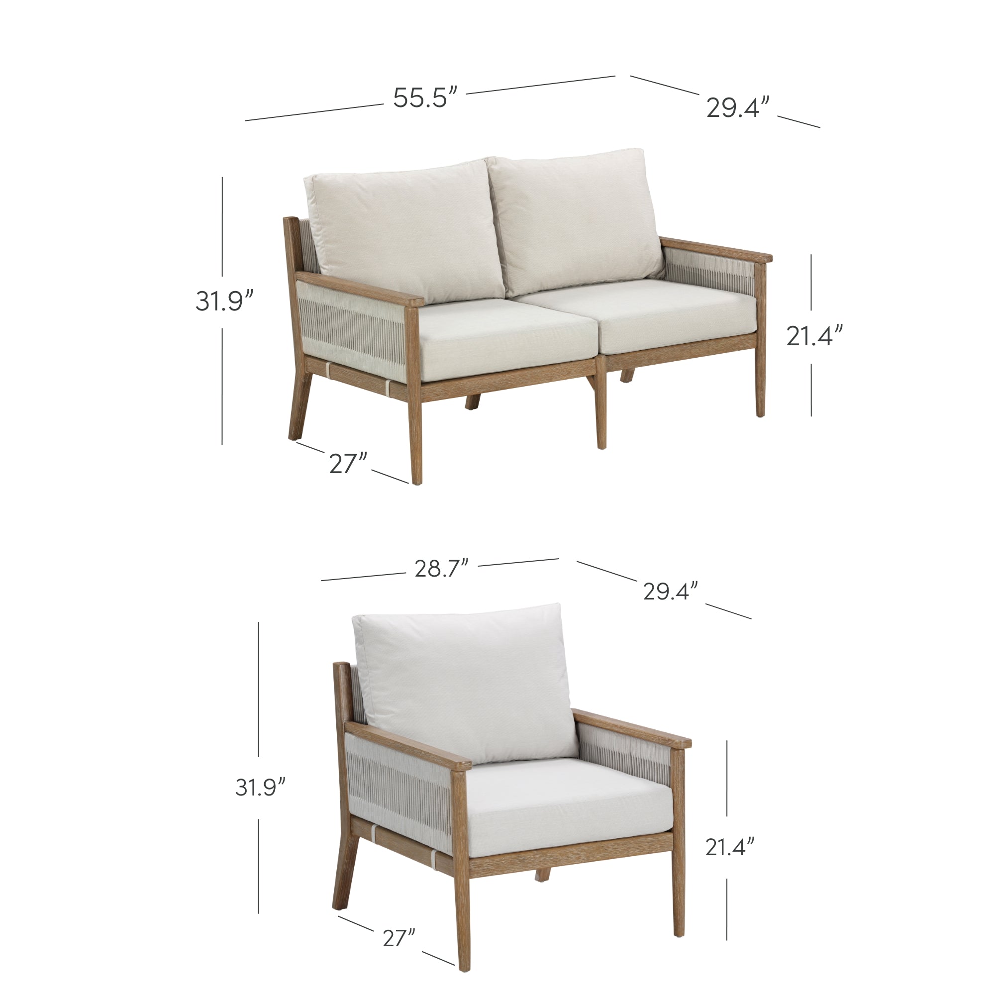 Outdoor 3 Piece Wood Patio Set Loveseat and Chairs