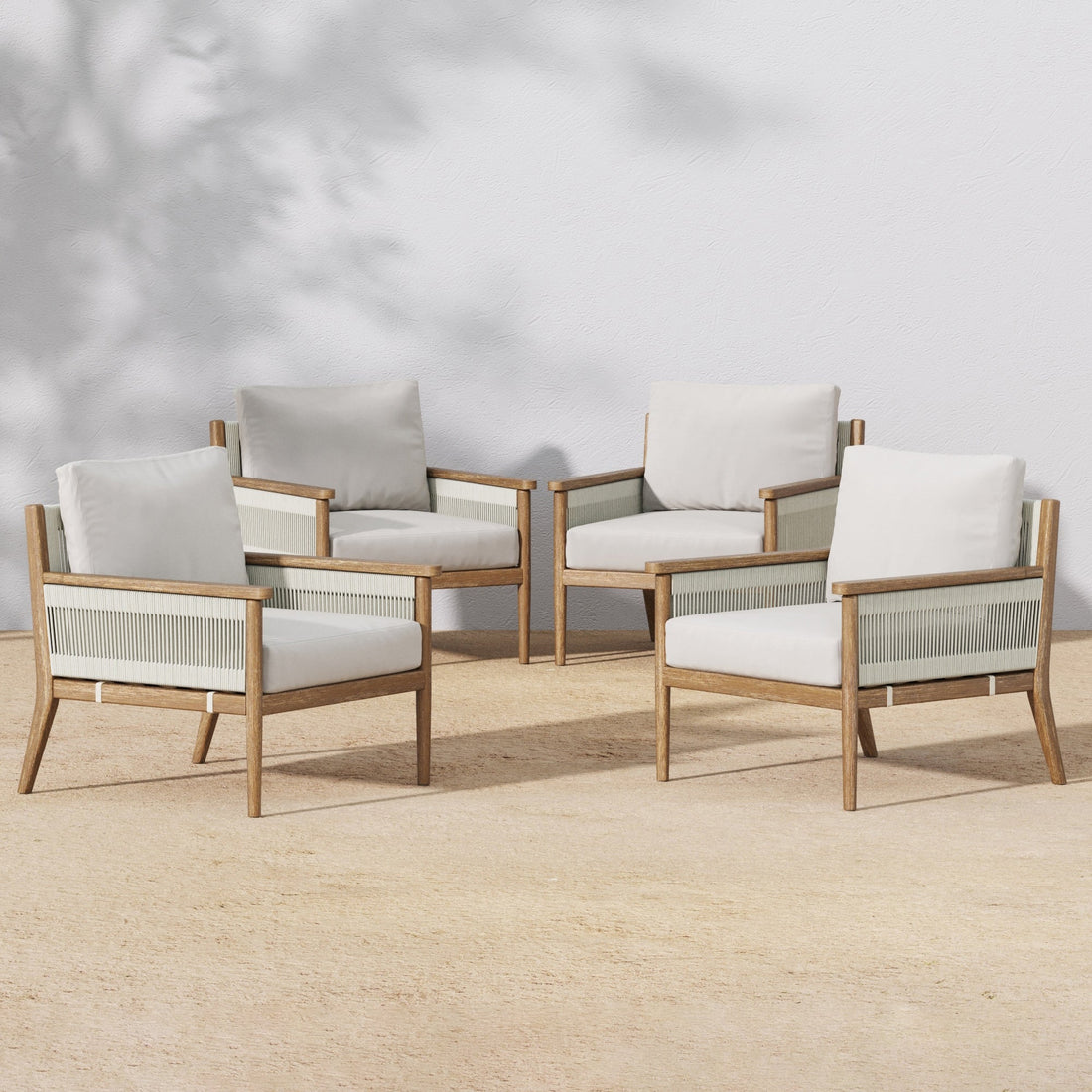 Outdoor Wood & Rope Patio Arm Chairs Light Gray (Set of 4)