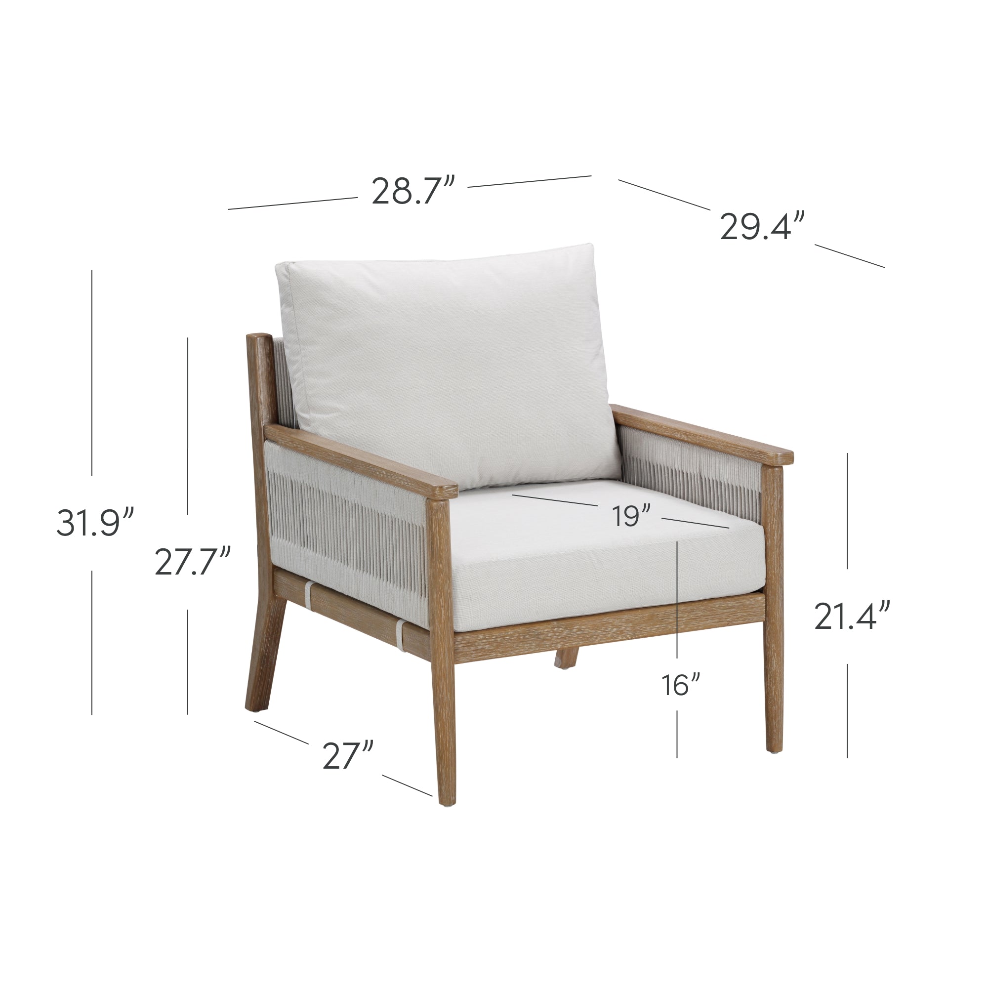 Outdoor Wood & Rope Patio Arm Chairs Light Gray (Set of 4)