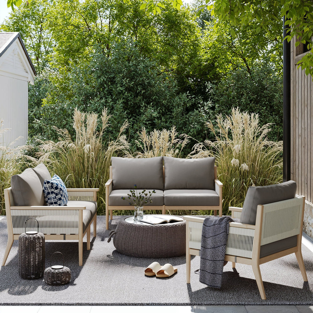 Outdoor Wood & Rope Patio Loveseat Medium Gray