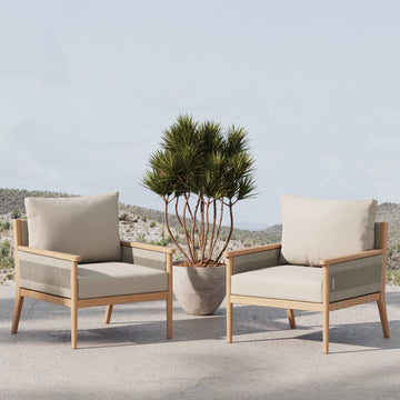 Outdoor Wood & Rope Patio Arm Chairs Ash White (Set of 2)
