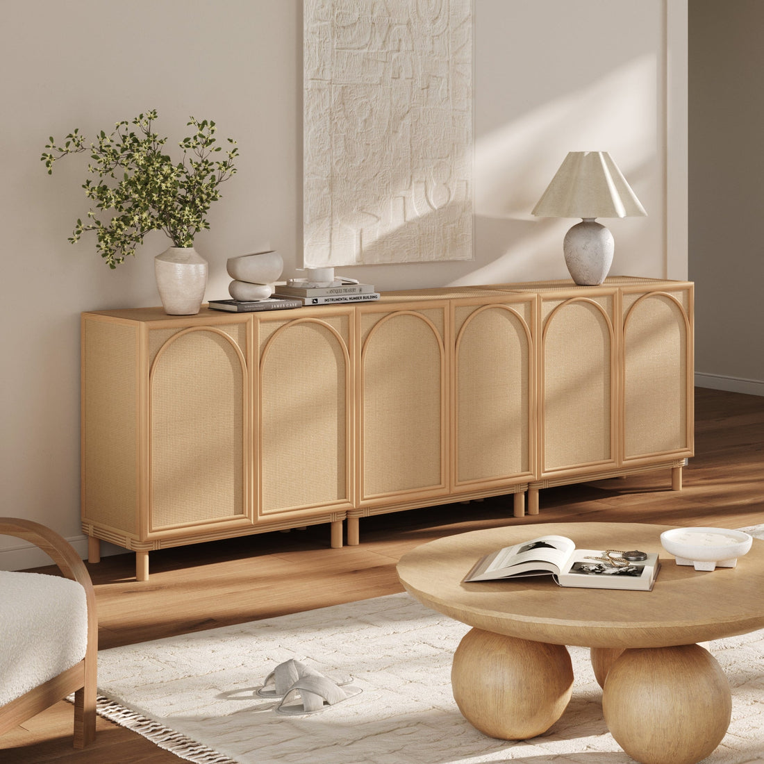 Boho Arched Storage Cabinet with Rattan Doors (Set of 3)